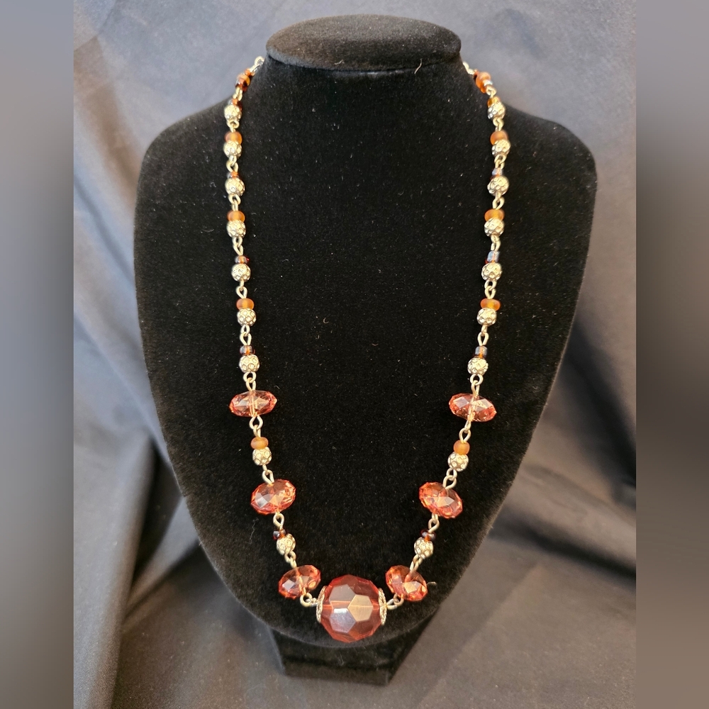 Beaded Necklace with Brown, Amber and Silver Tone Elements — Artisan Style